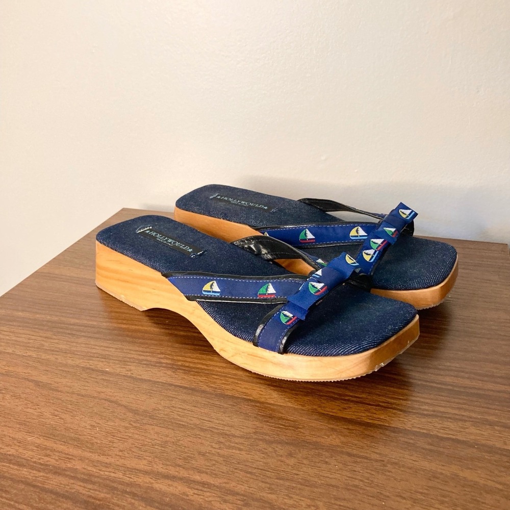 Vintage Y2K Hollywould Made in Italy Denim Wedge Platform Sailboat Sandals 10